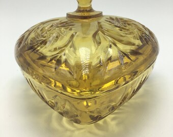 Vintage amber glass triangle candy dush with lid