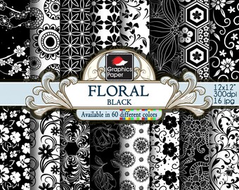 Black Flowers Digital Paper - Black Scrapbook Background with Floral Designs - Instant Download - Black and White Patterns 12x12 inch