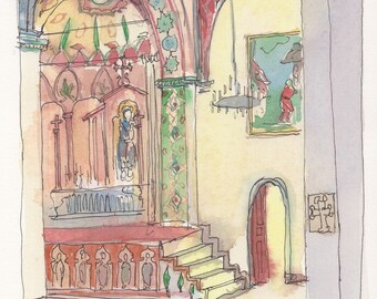 Original watercolor with photo-mount- Etchmiadzin Interior-Armenian cathedral-Armenia painting-armenian liturgy