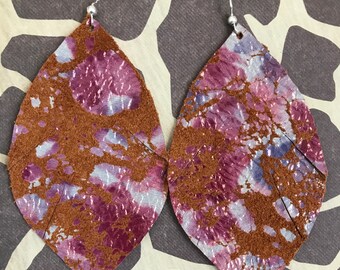 Pink Purple Periwinkle Leather Feather Earrings
