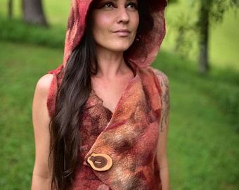 Felt Hooded Vest-Hoodie-Pixie Vest-Woodland Costume-Fairy Costume-Nymph Vest-Wool Hoodie-Fantasy Costume-Festival Wear-Felt Vest OOAK