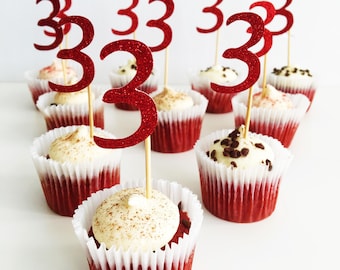 Cupcake Number Topper. Three. Third Birthday Party. Glitter Toppers. Set of 10 Party Picks. 3rd Birthday. Cake Accessories. Centrepieces.