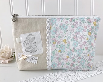 Shabby chic pouch, floral linen zipper pouch, french stamp, lace, wood button