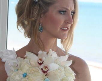 Beach Destination Wedding Earrings, BlueGreen, MERMAID, Bauble Cluster Pearl Crystal Semi Precious, Original Hand KNIT, Sereba Designs
