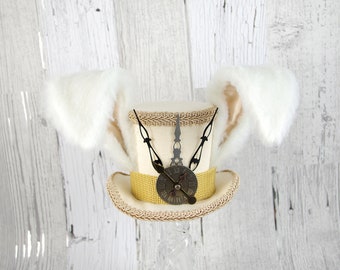 The White Rabbit - Rabbit Eared Beige Steampunk Medium Mini Top Hat Fascinator, Alice in Wonderland,Mad Hatter Tea Party, Derby Hat