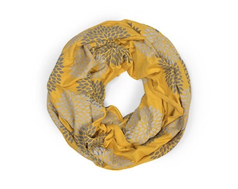 INFINITY SCARF - Gray Double Flowers on Mustard