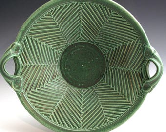 Handmade Stoneware Pottery Basket Bowl Carved Green Herringbone Bowl SHIPPING INCLUDED