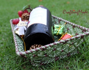 Macrame,Tray,Basket,Handmade,Medium size,rectangle shape,Jade and Brown color ,Storage,Decorative,fruit tray,Gift
