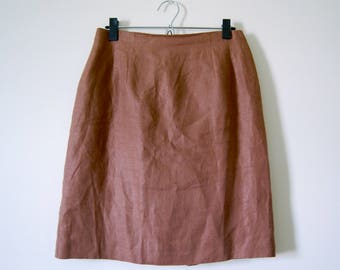 Vintage Cognac Brown 100% Linen Flax Pencil Skirt