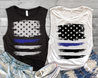 Thin Blue Line American Flag Ladies’ Muscle Tank - Back the Blue Shirt - Blue Lives Matter Shirt - Police Officer Wife Tank Top - Cop Gifts