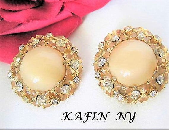 Kafin NY Earrings, Off White Earrings, Moonstone Glass Cabachons, Clear Rhinestones, Book Piece