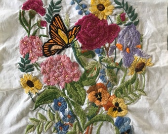 Crewel Embroidered Fabric Piece/ Vintage Crewel Embroidered Fabric/