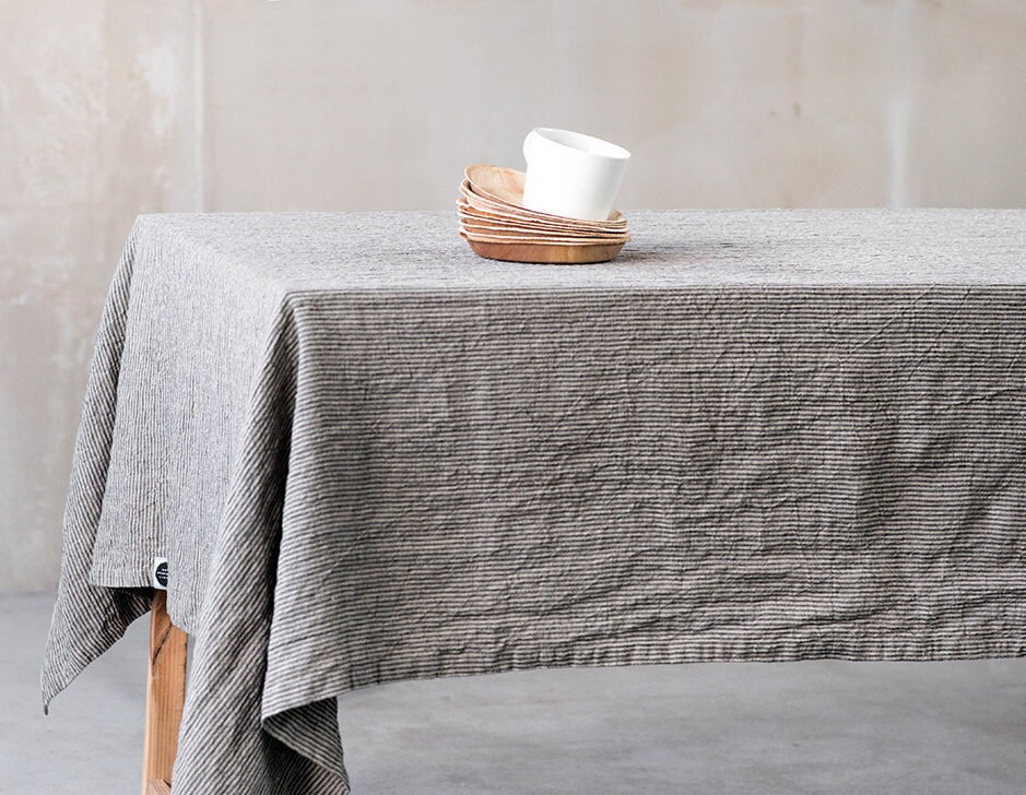 Linen tablecloth in stripes / Washed large handmade linen