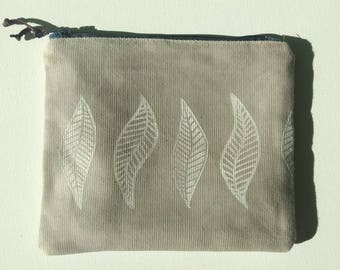 Hand Printed Waxed Zipper Pouch: Gray with leaves