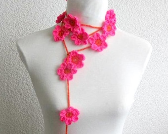 Crochet lariat scarf with Flower in Orange, Magenta, Fuchsia, Necklace, Floral Necklace, Feminine, Trendy, Spring, Summer, Harvest,
