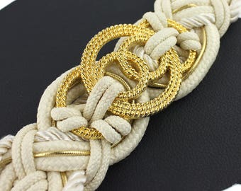 Cream & Gold Braided Rope Vintage Belt with Gold Circles - size medium