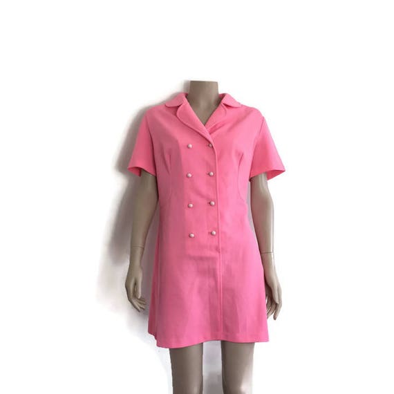 Pink retro crimplene dress / 60s hot pink dress / 60s go go dress / MOD dress / double breasted buttons dress / pink short dress groovy