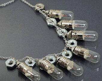 Steampunk Jewelry- Contemporary Jewelry, Silver Light Bulb Necklace, Steampunk Necklace, Hex Nut Necklace, Hardware Industrial Jewelry