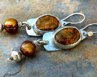 Bronzite & Silver/Bronze Pearls/Sterling Silver Earrings/Brown and Silver Earrings/Silver Beads . Rustic Boho Tribal Southwest Style Jewelry