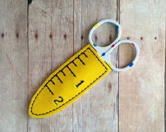 Mini Scissor Cover, Yellow or Black Vinyl with Embroidered Ruler Design, Protect Scissors and Keep Blade Hidden, Hand Cut, Made in USA