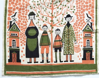 Swedish Tea Towel Family Four Scandinavian Textile Birds Trees Polka Dot Coat Wall Hanging Kitchen or Nursery Decor