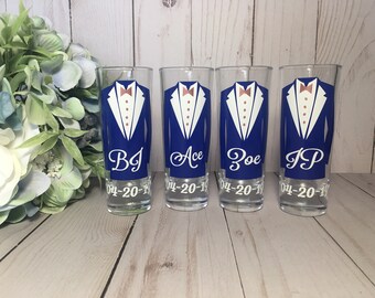 Personalized Shot Glasses with Tuxes, Groomsmen Wedding Glasses, will you be my groomsman, groomsman gifts, wedding party gifts, Rose Gold