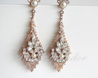 Rose Gold Wedding Earrings Chandelier Bridal Earrings Swarovski Pearl Crystal Art Deco Dangle Earrings Vintage Wedding Jewelry Brides URSULA