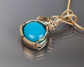 Turquoise gold pendant, Turquoise, Wire wrapped jewelry, Gold jewelry, Art, Handmade jewelry, Wire wrapped pendant, Sterling silver, Blue