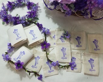 10 Empty Lavender Sachet Bags, 3 x 4 Cotton Muslin Drawstring Bags Hand Stamped Lavender Flower, Bridal Wedding Baby Shower Party Favors