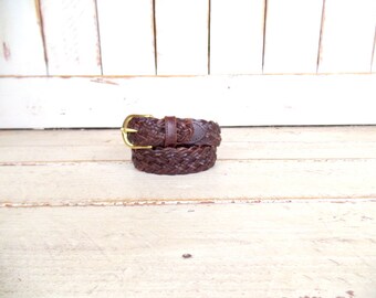 Dark brown distressed woven braided leather belt/boho/hippie skinny leather boho belt/medium