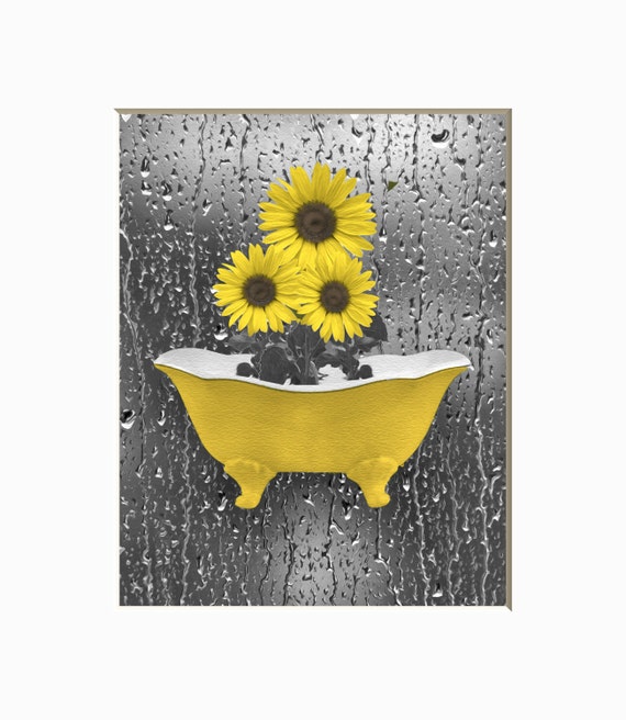 Sunflowers Raindrops Yellow Bathroom Powder Room Wall Art