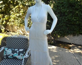Vintage 1970's Jack Hartley White Fringe Halter Dress - Size 6