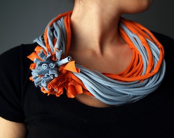 T-Shirt SCARF NECKLACE in sky blue and orange, handmade