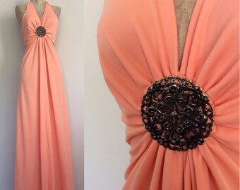 1970's Peach Medallion Polyester Halter Maxi Dress Size XS Small by Maeberry Vintage