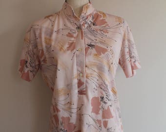 70's Pink Floral Polyester Women's Short Sleeve Blouse
