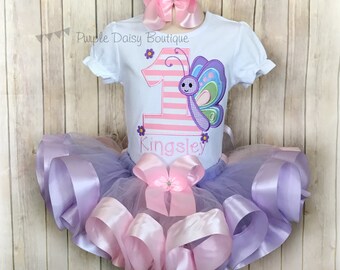 Butterfly Birthday Outfit - Spring Birthday Ribbon Trim Tutu Outfit - First Birthday Outfit - Pink and Purple Tutu Outfit