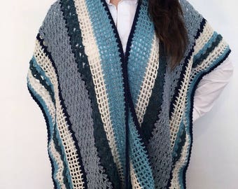 Open wool mixed Poncho made by hand crochet