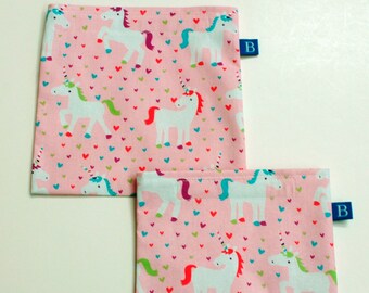 Reuseable Eco-Friendly Set of Snack and Sandwich Bags in Unicorn Fabric