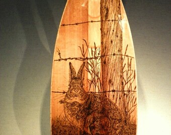 Wooden Canoe Paddle, Western Red Cedar "Simplicity", with Original Pen and Ink Drawing of a Cottontail Rabbit