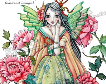 Pre-Colored- Peony Dawn -Instant Download Digital Printable Decoupage Art / Asian Oriental Flower Fairy by Ching-Chou Kuik