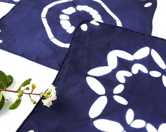 Furoshiki cloths, shibori, wrapping cloth, hand dyed, small size, set of 3, Blue, assorted design, silk, gift wrapping, bandana, home decor