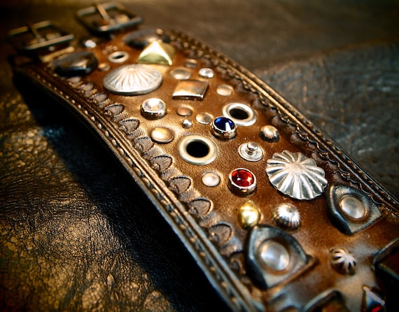 Leather cuff Bracelet Brown Jeweled, studded, stamped, Pirate Treasure cuff made for YOU in USA by Freddie Matara!