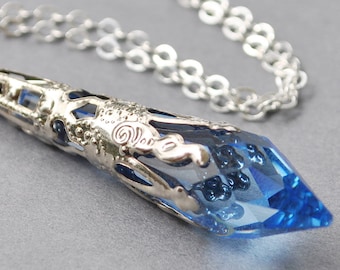 Sapphire Blue Necklace - Blue Swarovski Crystal Pendant Necklace Silver - Swarovski Necklace - Victorian Statement Necklace