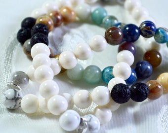 Semi-Precious Stone and Glass Bracelet - Handmade with Sterling Silver Ring for Charm - **OPTIONAL DISCOUNT with purchase of vintage charm!