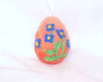Easter Egg - Mini Ornament - Needle Felted Egg - Blue Forget Me Not Flower on Peach Orange Egg - Easter Felt - Needle felting - Easter Gift