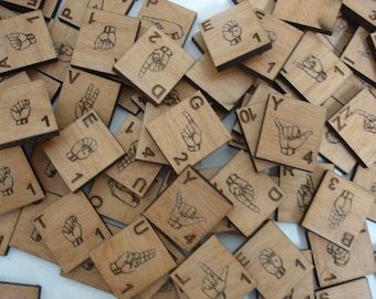 Alder Wood ASL Sign Language Scrabble Tiles