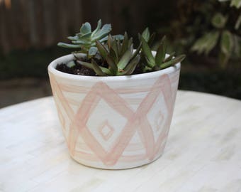 modern porcelain planter, white planter with geometric design, ready to ship