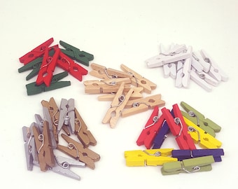 Mini wooden pegs. Mini pegs. Natural, white, multi coloured, red and green, gold and silver. 1 inch / 2.5 cm. Pack of 50