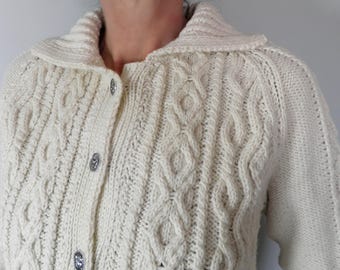 Vintage Traditional Cream Cable Knit Hand Knit Aran Wool Cardigan Size S / M Classic Sailing