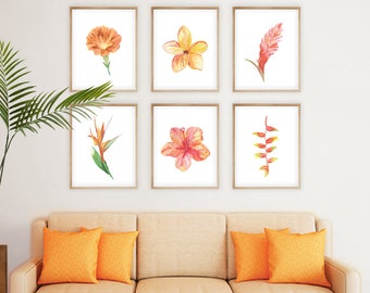 Tropical Flowers Printable Art Set of 6 Prints, Instant Digital Download tropical art watercolor floral painting island resort decor print